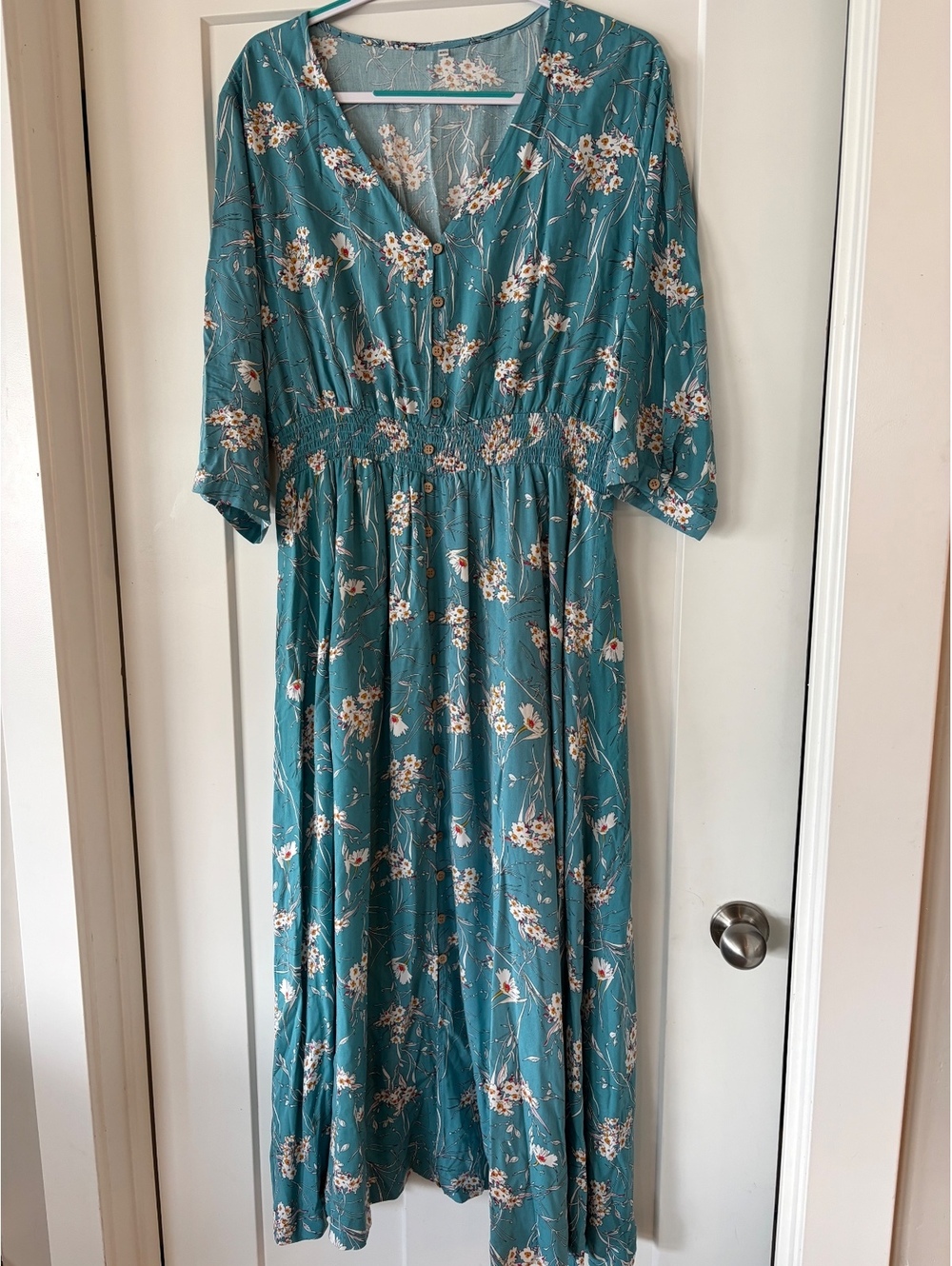 Teal Daisy-Print Smocked Midi Dress — Size XXL